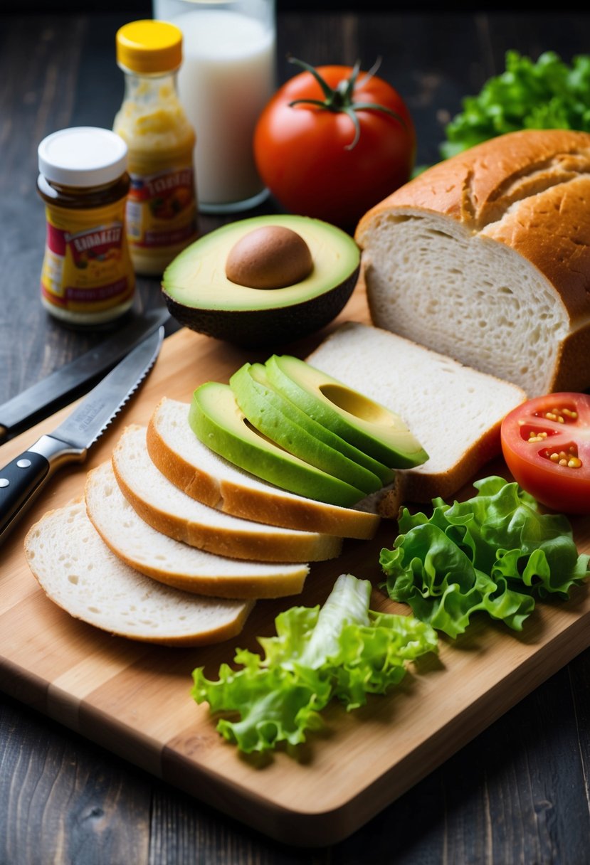 A wooden cutting board with sliced turkey, avocado, lettuce, and tomato, surrounded by a loaf of bread, knife, and condiments