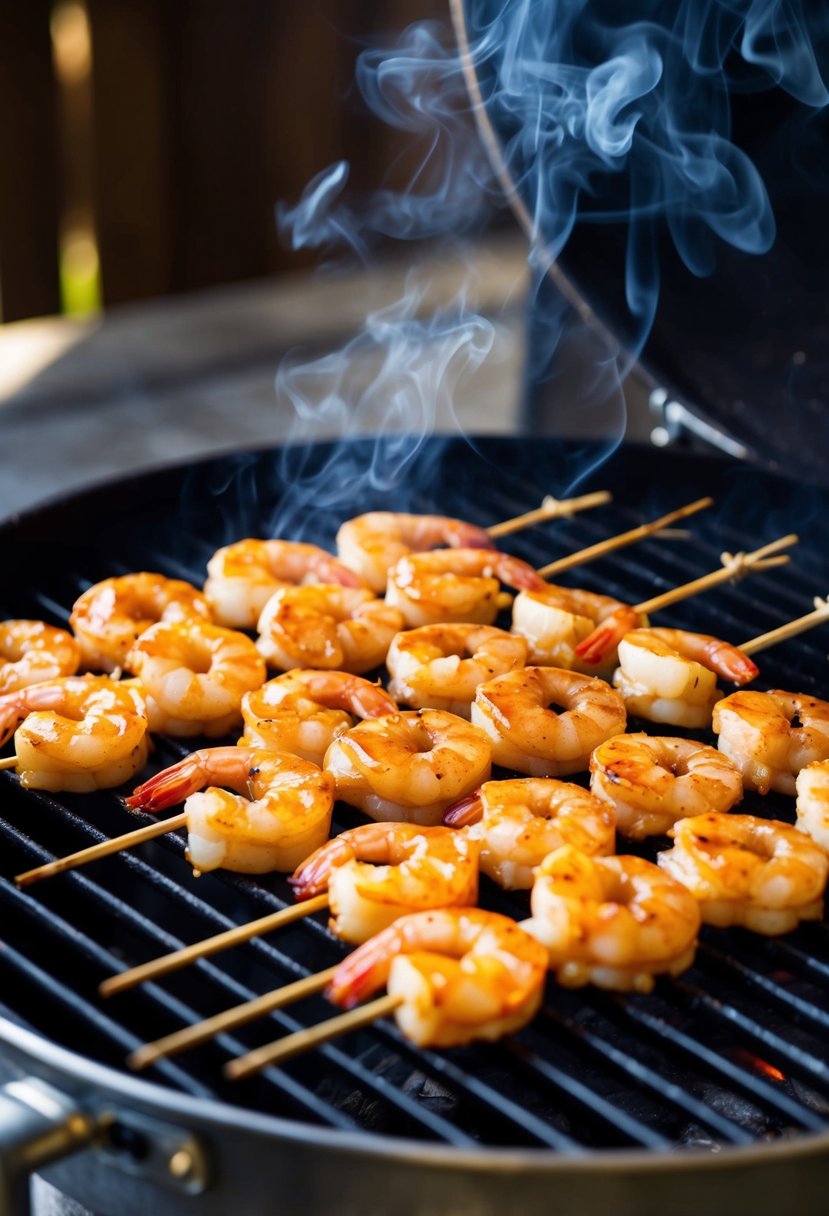 A sizzling grill with succulent jumbo shrimp skewers coated in honey garlic sauce. Smoke rises as the shrimp cook to perfection