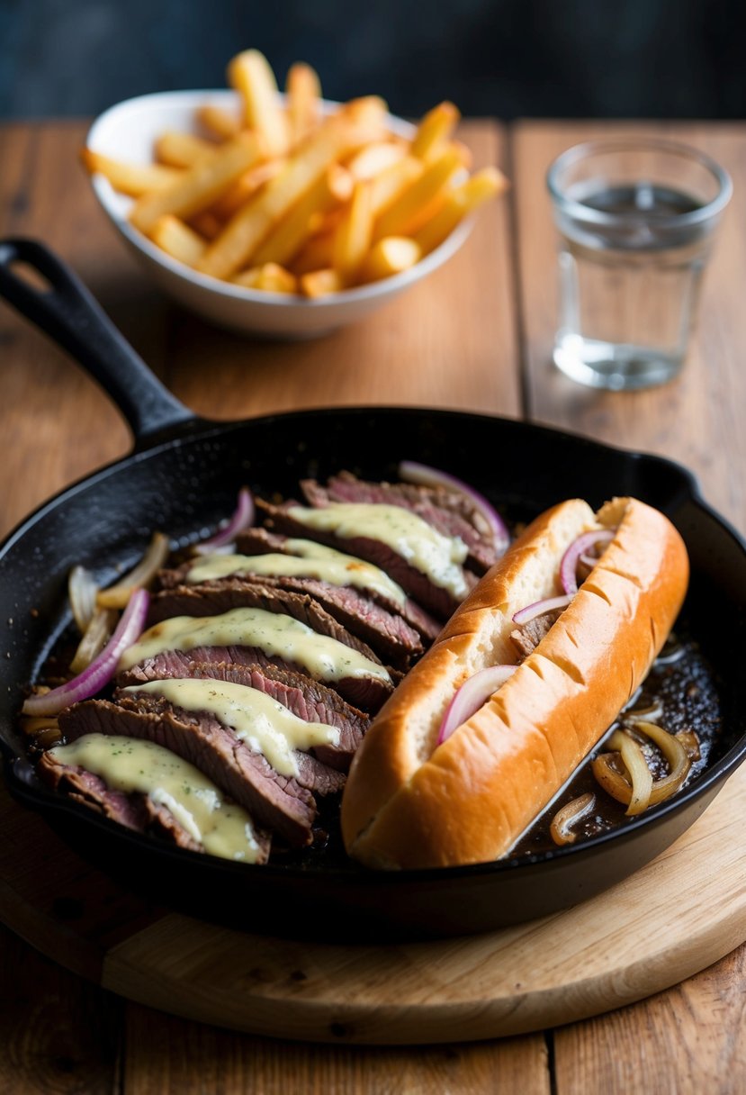 A sizzling skillet of thinly sliced steak, onions, and melted cheese on a hoagie roll. A side of golden, crispy fries completes the classic Philly Cheesesteak scene