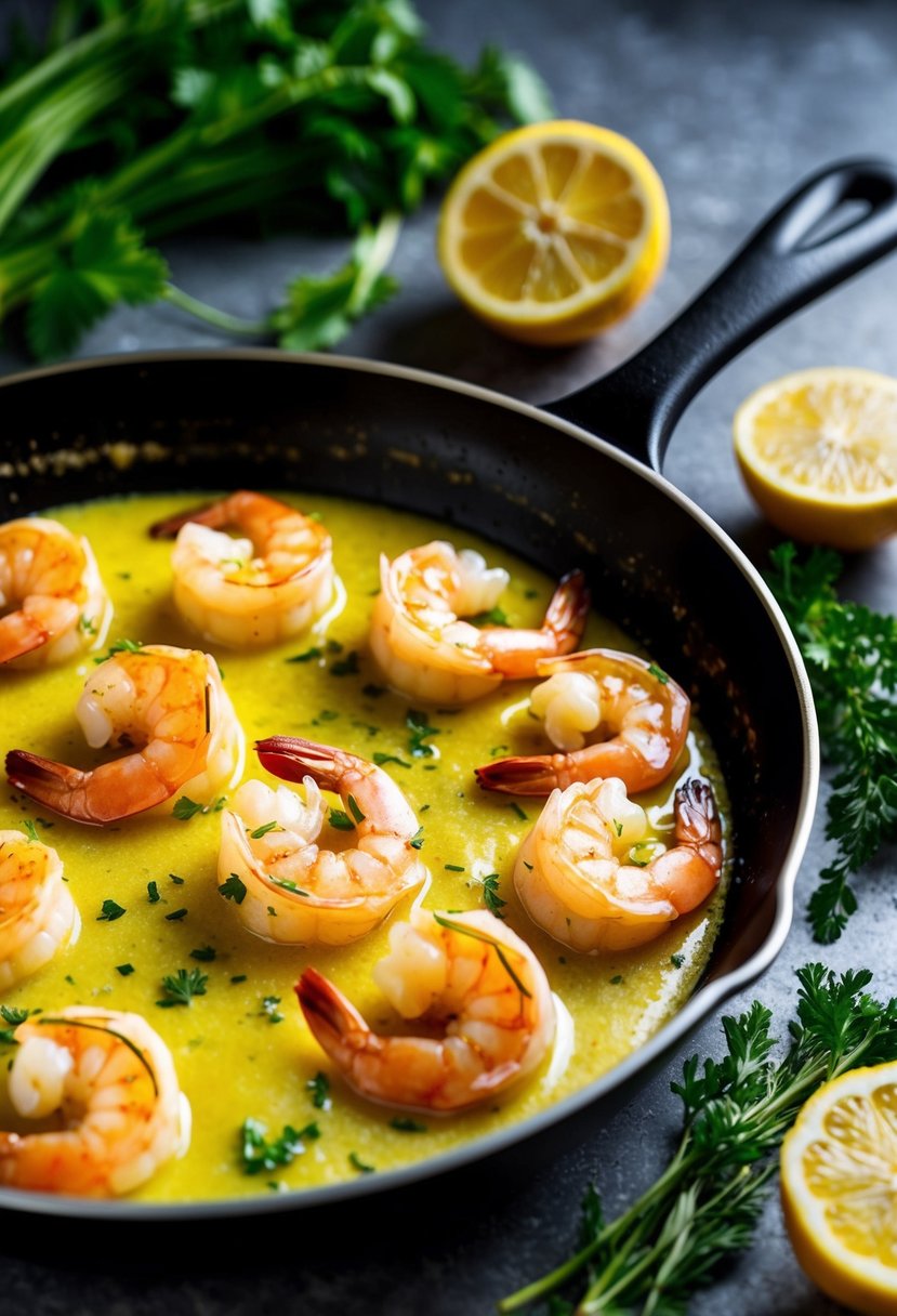 A sizzling skillet holds plump jumbo shrimp coated in a glossy lemon butter sauce, surrounded by vibrant herbs and citrus slices