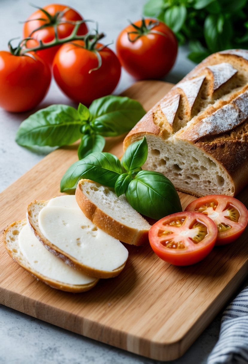 A wooden cutting board with fresh basil, ripe tomatoes, mozzarella slices, and a loaf of crusty bread