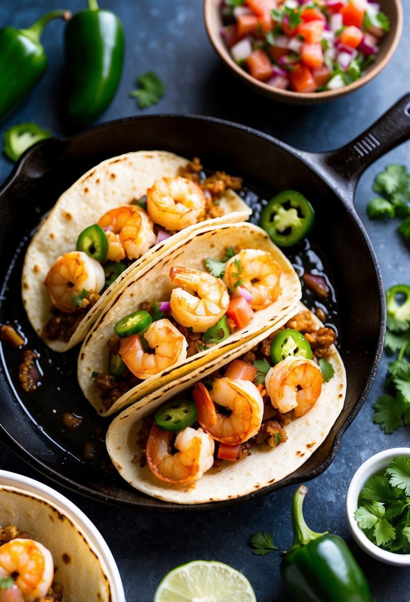 A sizzling skillet of jalapeño shrimp tacos, with vibrant ingredients and a side of zesty salsa