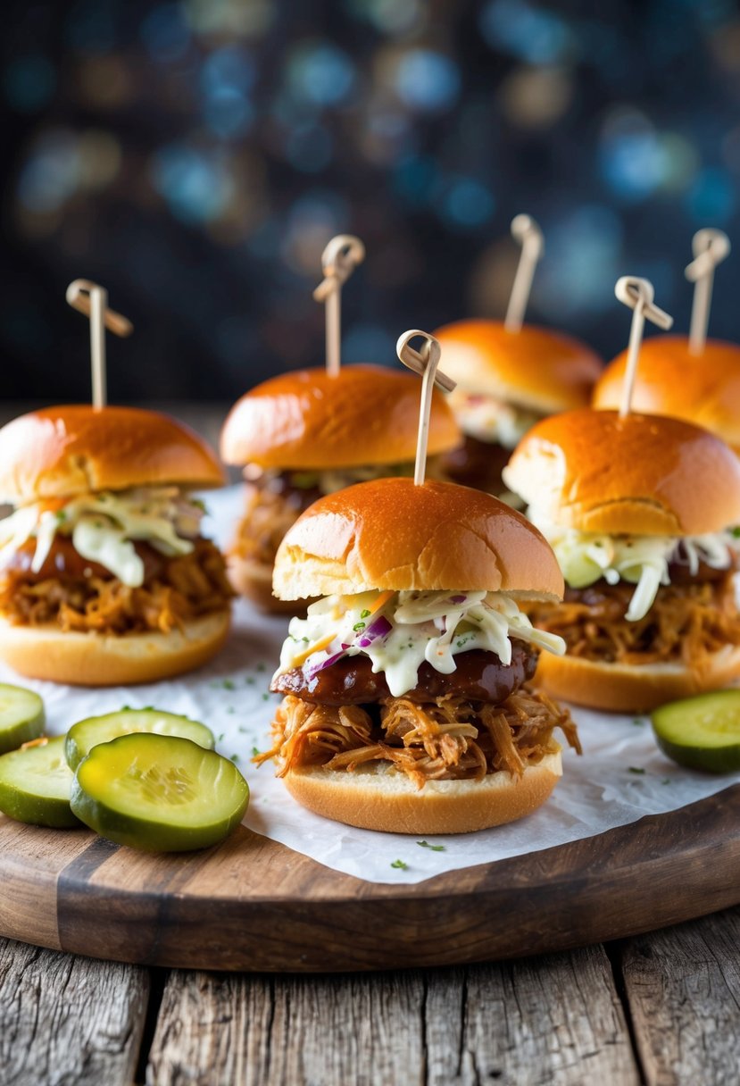 A platter of Pulled Pork Sliders with crispy buns, tangy coleslaw, and a side of pickles on a rustic wooden board