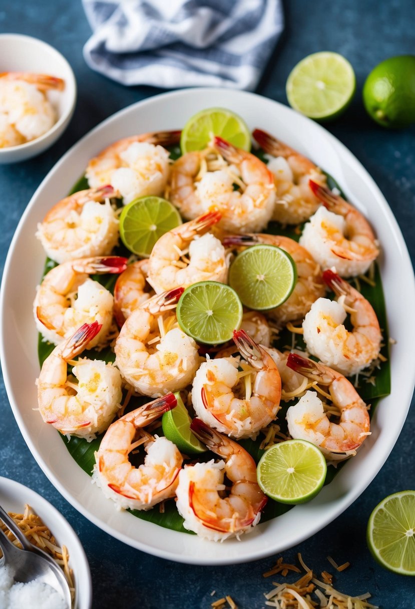 Jumbo shrimp coated in coconut and lime, arranged on a platter with garnishes