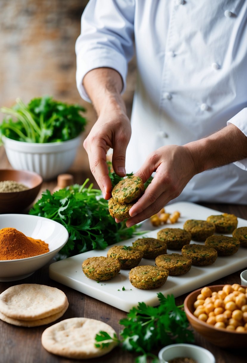 A table with ingredients like chickpeas, parsley, and pita bread. A chef mixing spices and shaping falafel patties