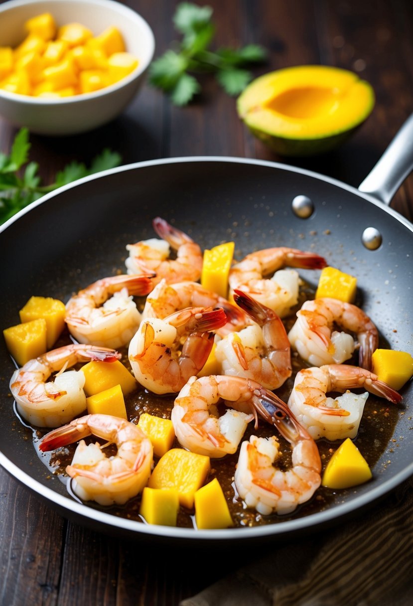 Jumbo shrimp sizzling in a pan with diced mango and spicy seasoning