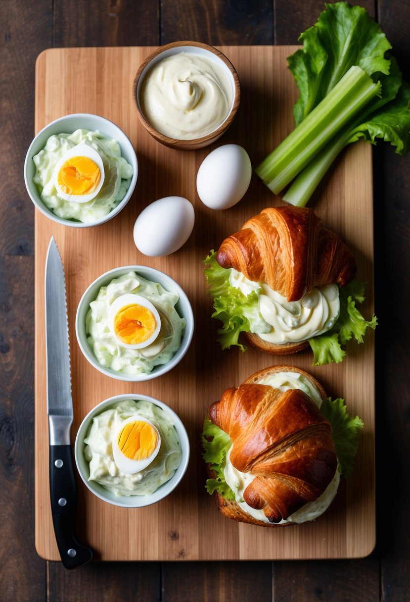 A wooden cutting board with ingredients for egg salad croissant sandwiches: hard-boiled eggs, mayonnaise, celery, lettuce, croissants, and a knife