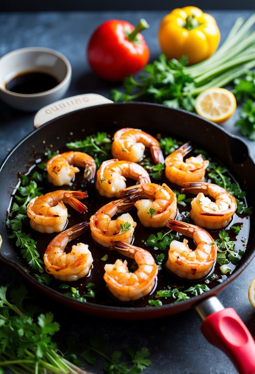 Jumbo shrimp sizzling in a balsamic glaze, surrounded by fresh herbs and colorful vegetables on a sizzling hot skillet