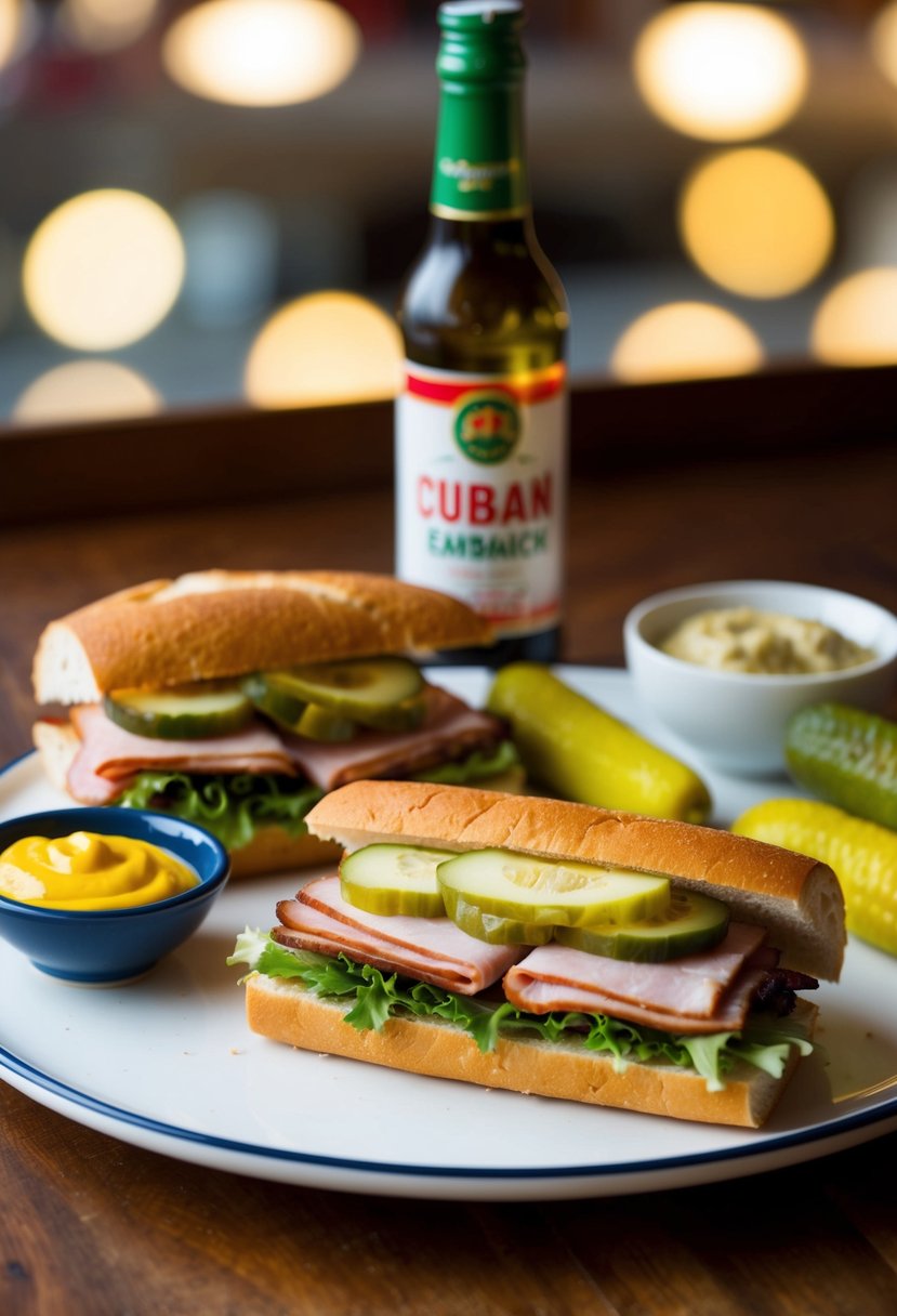 A table set with traditional Cuban Sandwich ingredients: ham, roasted pork, Swiss cheese, pickles, mustard, and Cuban bread