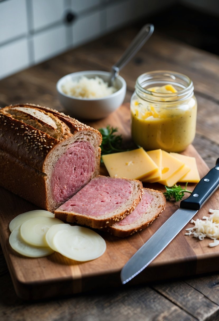 A rustic kitchen scene with a wooden cutting board, a loaf of rye bread, slices of corned beef, sauerkraut, Swiss cheese, and a jar of mustard