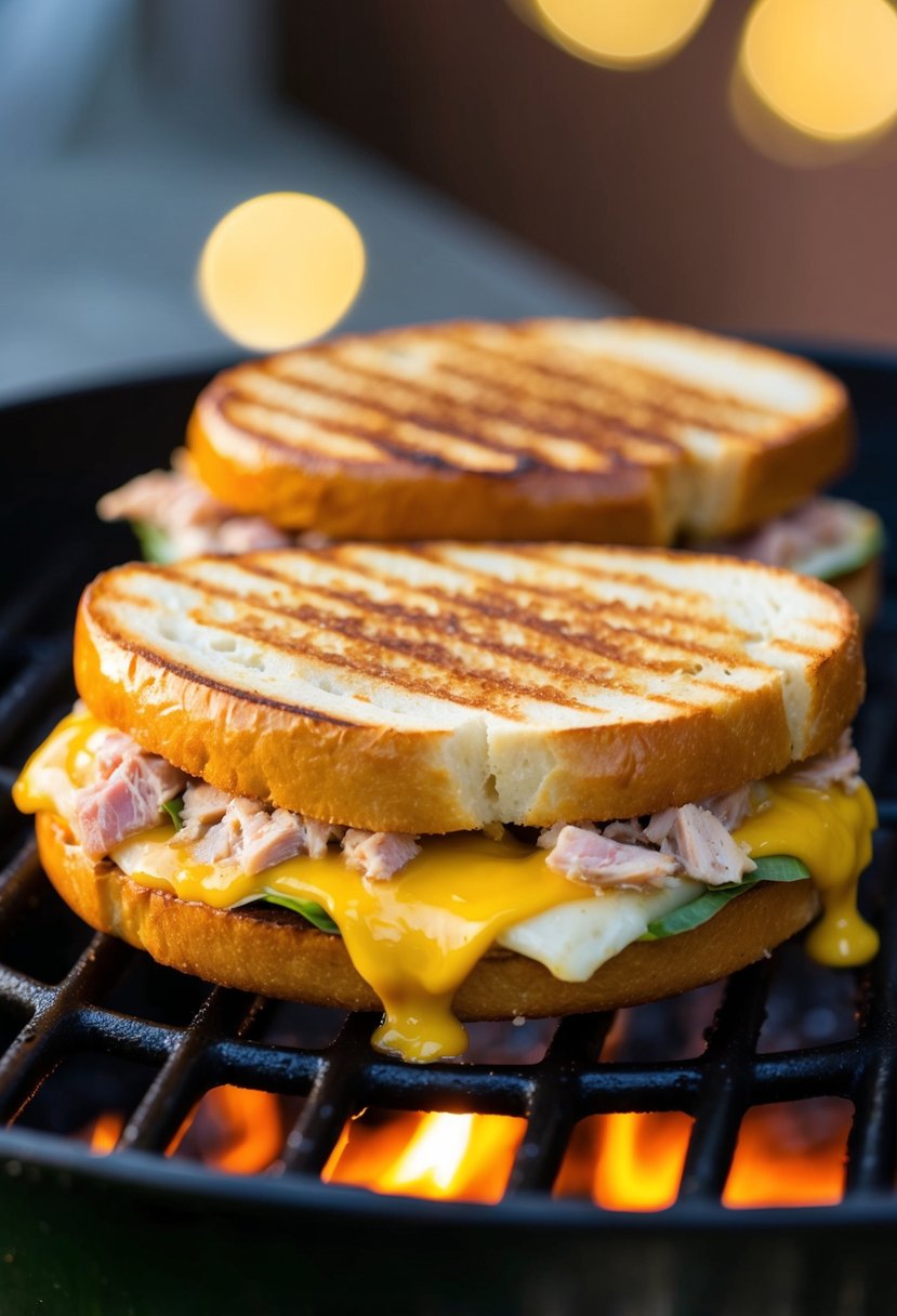 A golden brown panini sizzling on a grill, oozing with melted cheese and chunks of tuna