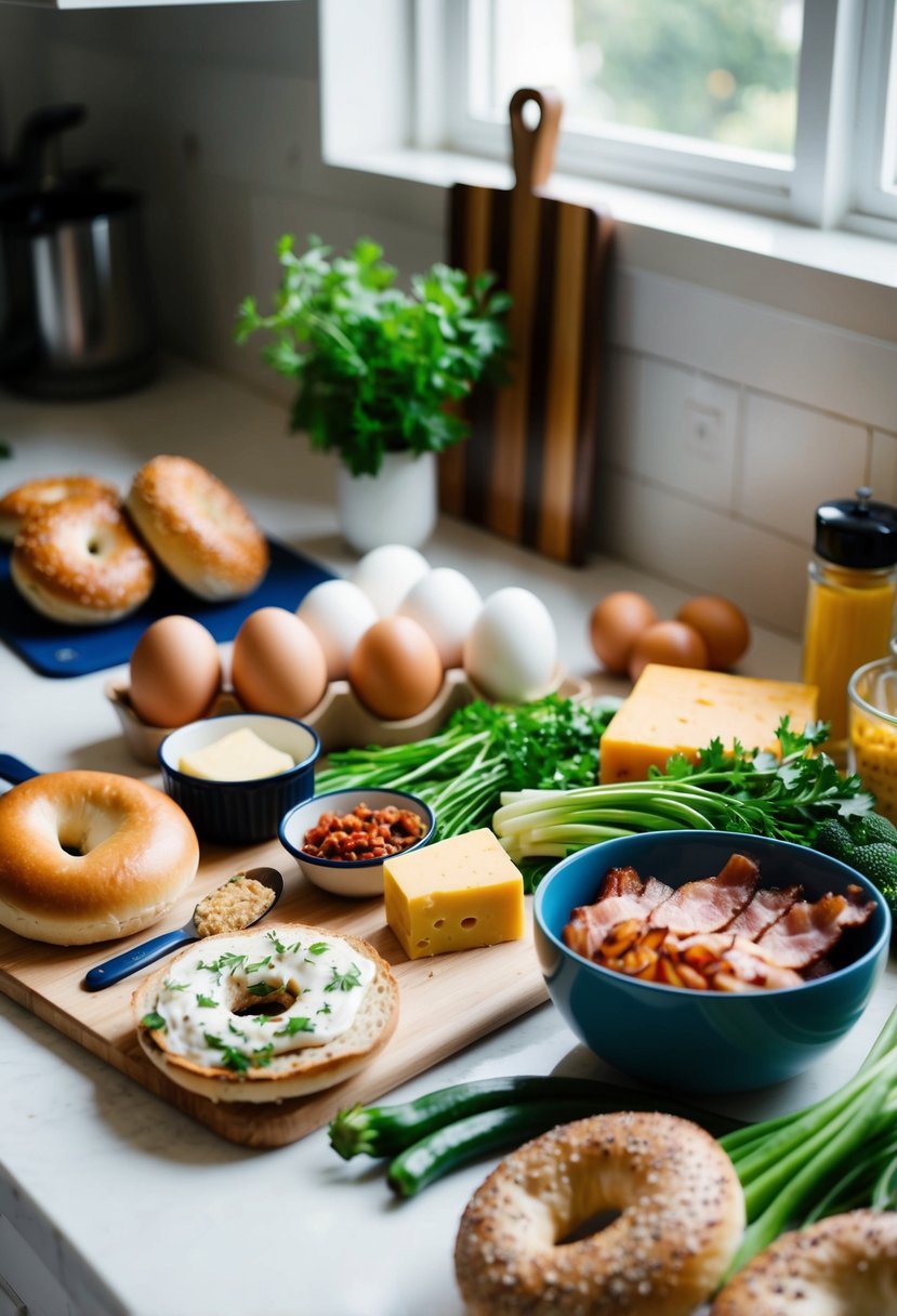 A kitchen counter with a variety of ingredients such as bagels, eggs, bacon, cheese, and vegetables, along with cooking utensils and a cutting board