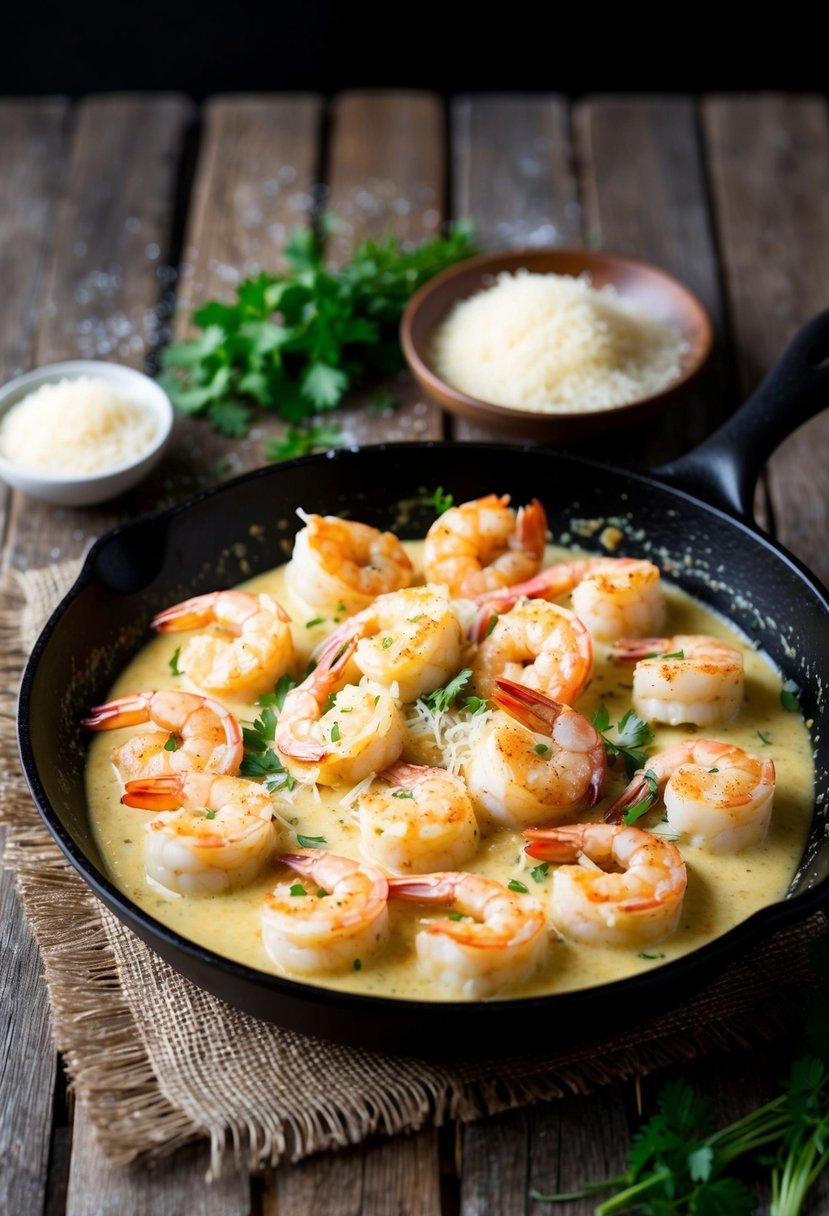 A sizzling skillet of jumbo shrimp coated in a creamy garlic Parmesan sauce, garnished with fresh herbs and grated cheese