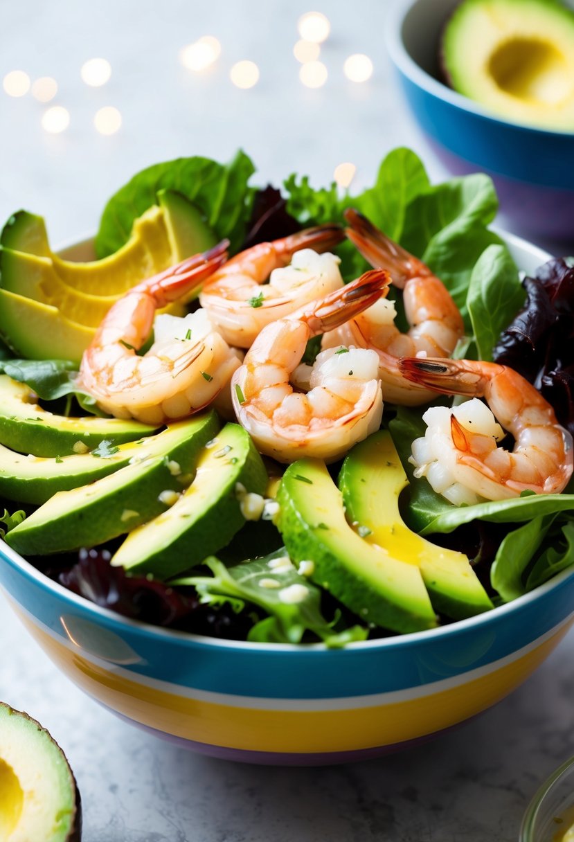 A colorful bowl filled with jumbo shrimp, ripe avocado slices, and fresh salad greens, drizzled with a tangy vinaigrette