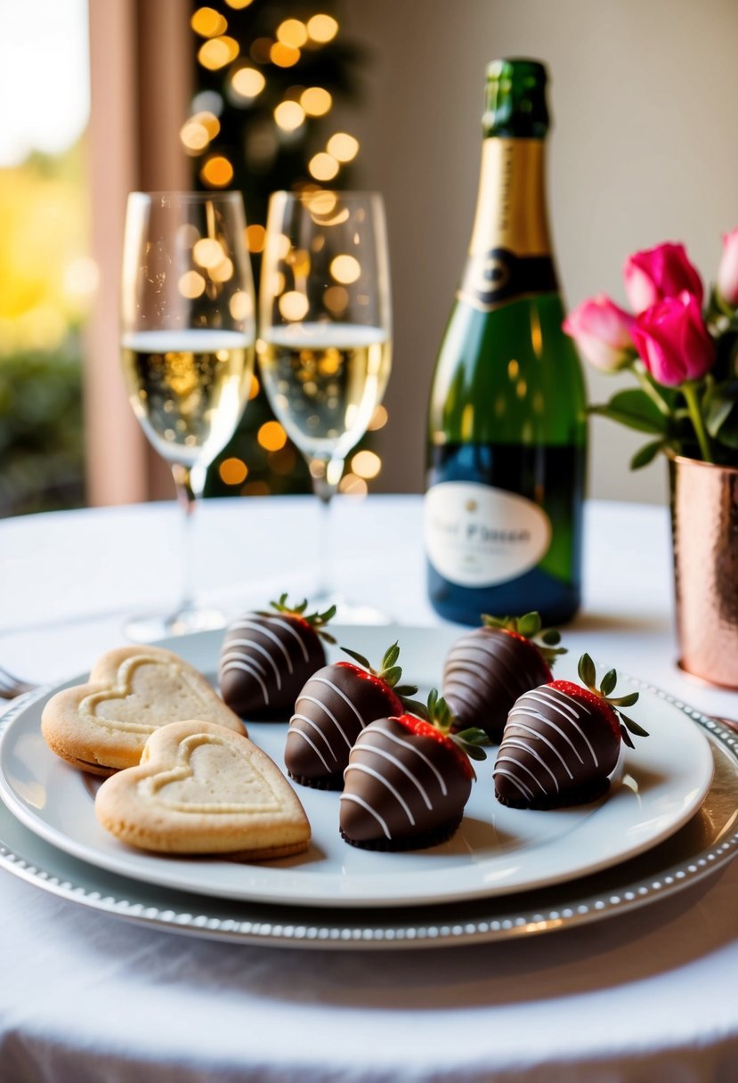 A table set with heart-shaped cookies, chocolate-covered strawberries, and a bottle of champagne