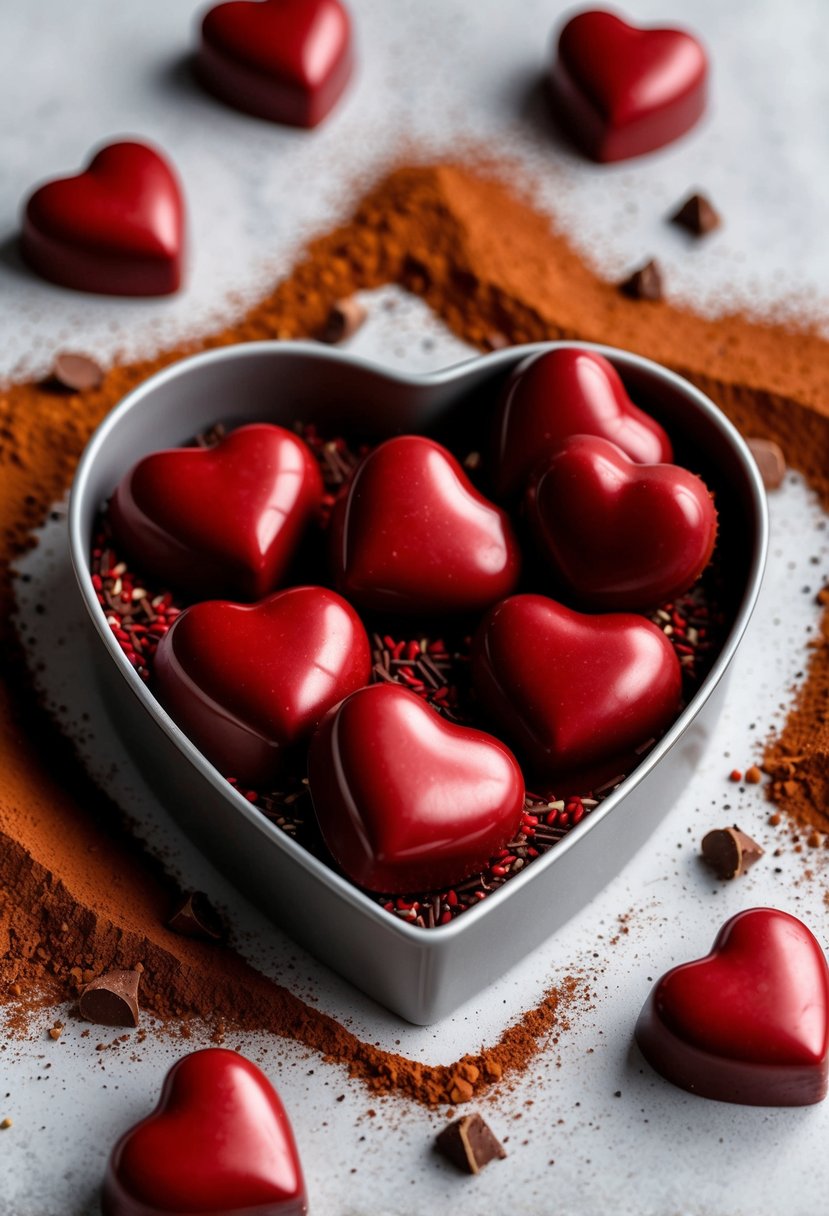 A heart-shaped tray filled with red velvet chocolate hearts, surrounded by scattered cocoa powder and sugar sprinkles