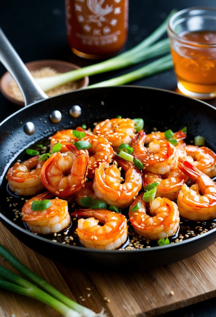 A sizzling skillet of jumbo shrimp coated in a glaze of honey and sriracha, garnished with sesame seeds and green onions