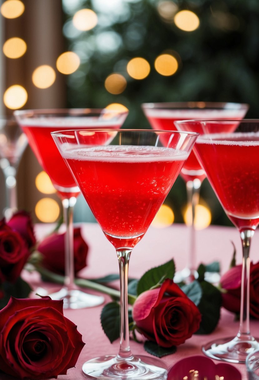 A table adorned with heart-shaped glasses, red roses, and bubbling love potion cocktails