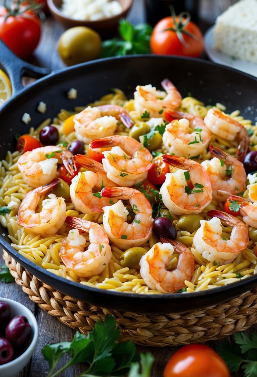 A sizzling skillet of plump shrimp nestled in a bed of golden orzo, surrounded by vibrant Mediterranean ingredients like tomatoes, olives, and feta cheese