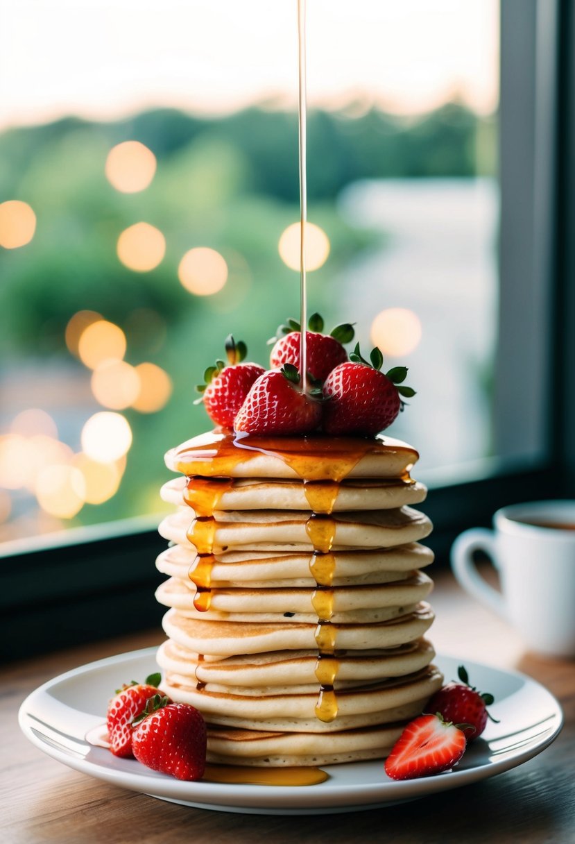 A stack of heart-shaped pancakes topped with strawberries and drizzled with syrup on a white plate