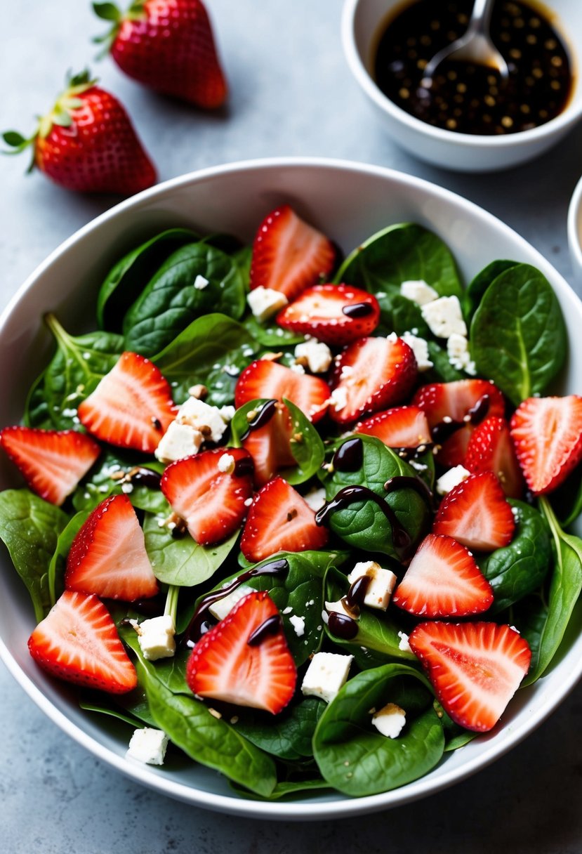 A vibrant bowl of Strawberry Spinach Salad with sliced strawberries, fresh spinach leaves, and a sprinkling of feta cheese, all drizzled with a balsamic vinaigrette