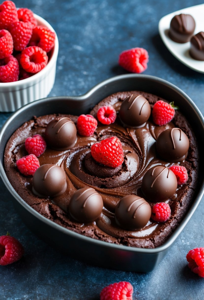 A heart-shaped pan filled with rich, chocolate brownie batter swirled with raspberry puree, topped with chocolate truffles and fresh raspberries