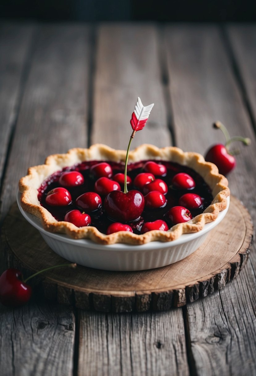 A heart-shaped cherry pie with Cupid's arrow decoration on a rustic wooden table