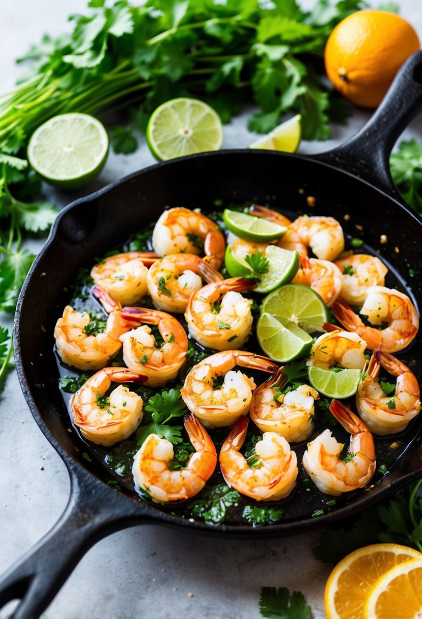 A sizzling skillet of jumbo shrimp, seasoned with zesty lime and fresh cilantro, surrounded by vibrant green herbs and slices of citrus