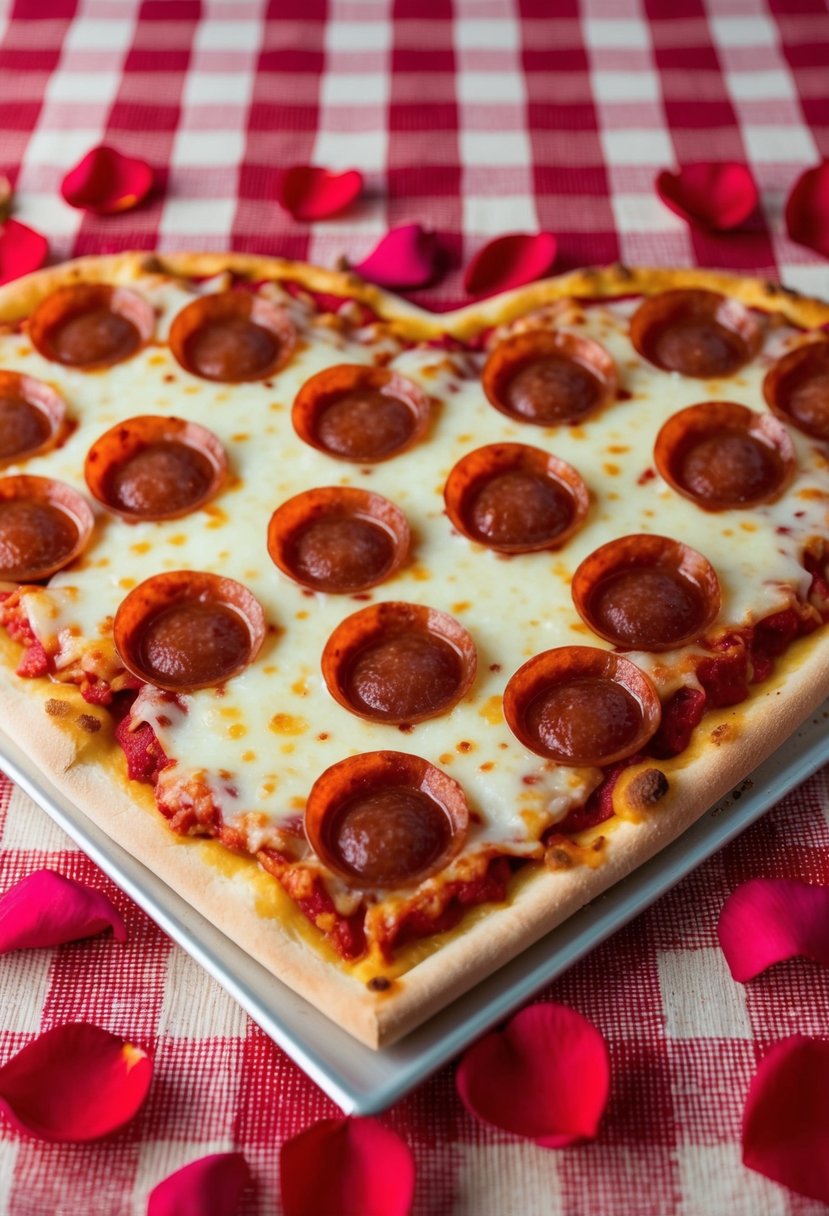 A heart-shaped pizza with pepperoni and cheese, surrounded by scattered rose petals on a red checkered tablecloth