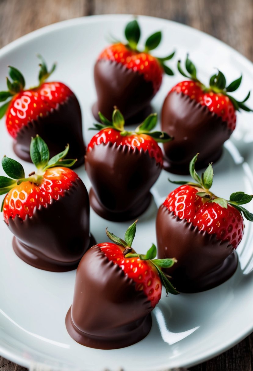 Fresh strawberries dipped in melted chocolate on a white plate