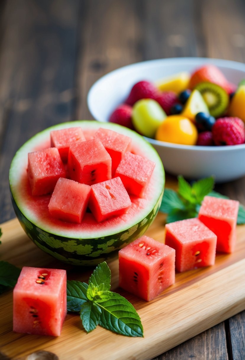 A watermelon sliced into cubes, arranged on a wooden board with mint leaves and a bowl of mixed fruits in the background