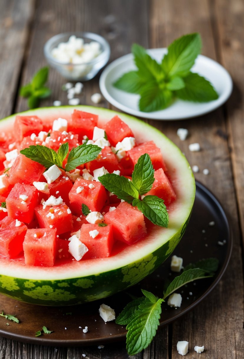 A vibrant watermelon feta salad sits on a rustic wooden table, surrounded by fresh mint leaves and crumbled feta cheese