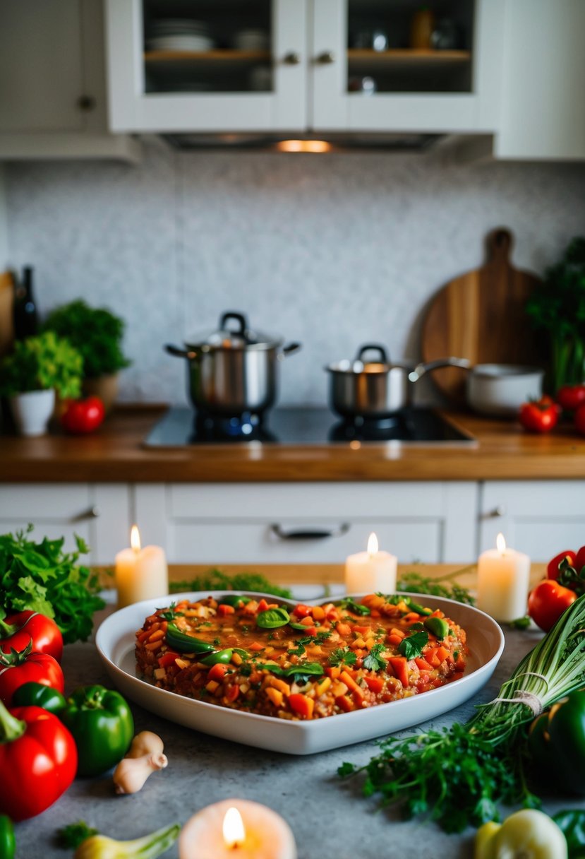 A cozy kitchen with a heart-shaped ratatouille on a candlelit table, surrounded by fresh vegetables and herbs