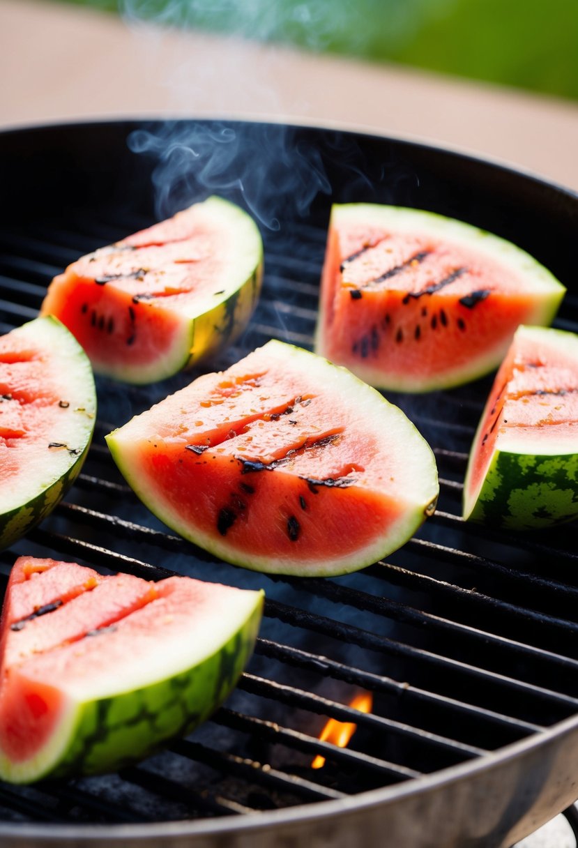 Slices of watermelon sizzling on a grill, char marks forming as the sweet fruit caramelizes, emitting a mouthwatering aroma