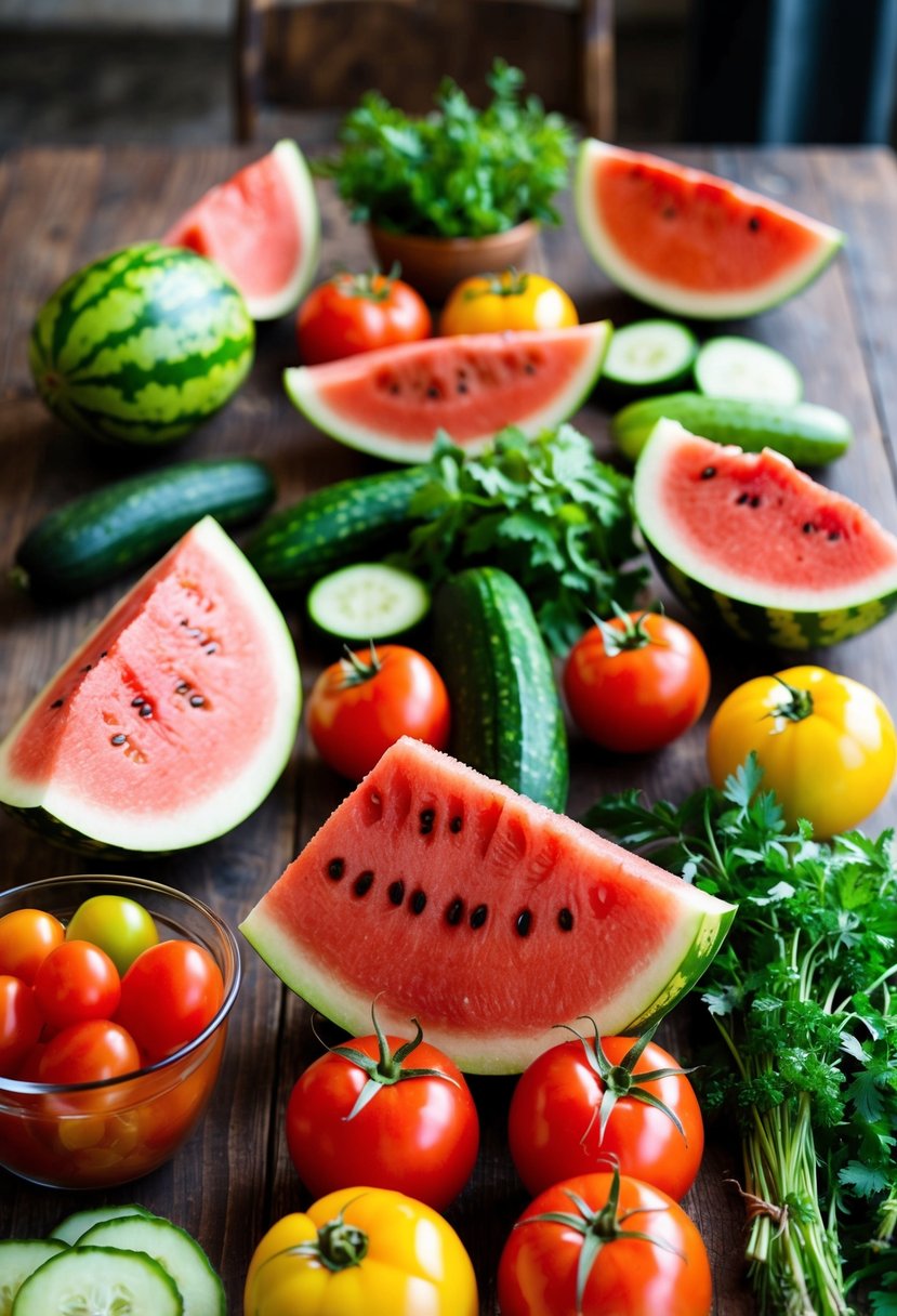 A colorful array of fresh watermelon, tomatoes, cucumbers, and herbs arranged on a wooden table, ready to be transformed into a refreshing watermelon gazpacho