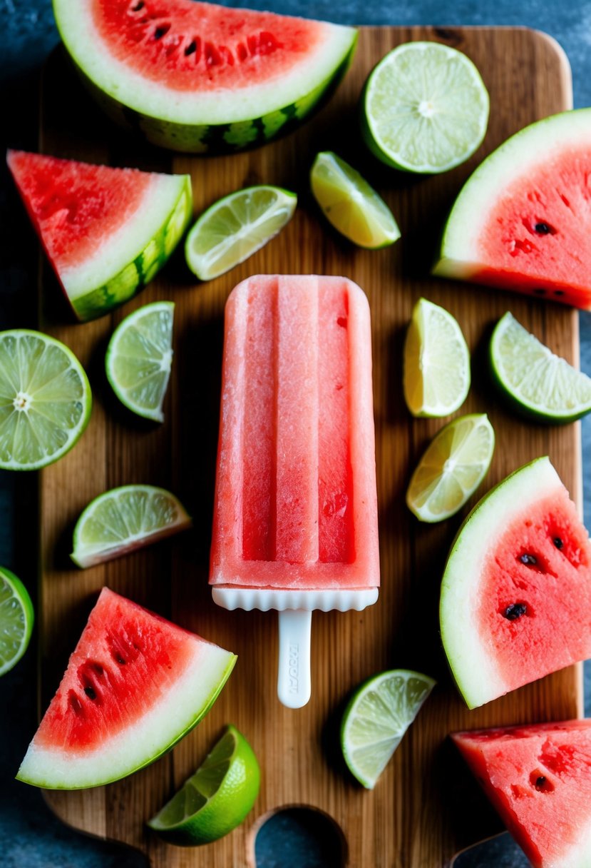 A refreshing watermelon lime popsicle surrounded by sliced watermelon and lime wedges on a wooden cutting board