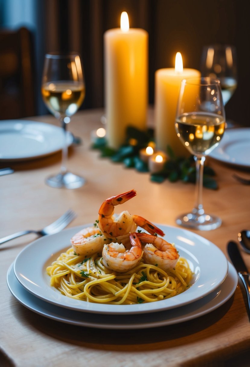 A steaming plate of garlic butter shrimp pasta on a romantic dinner table with dim candlelight