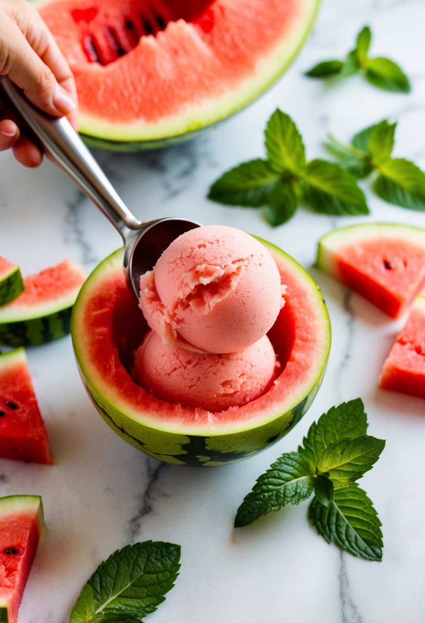 A refreshing watermelon sorbet being scooped from a vibrant pink watermelon shell, surrounded by fresh watermelon slices and mint leaves on a white marble countertop