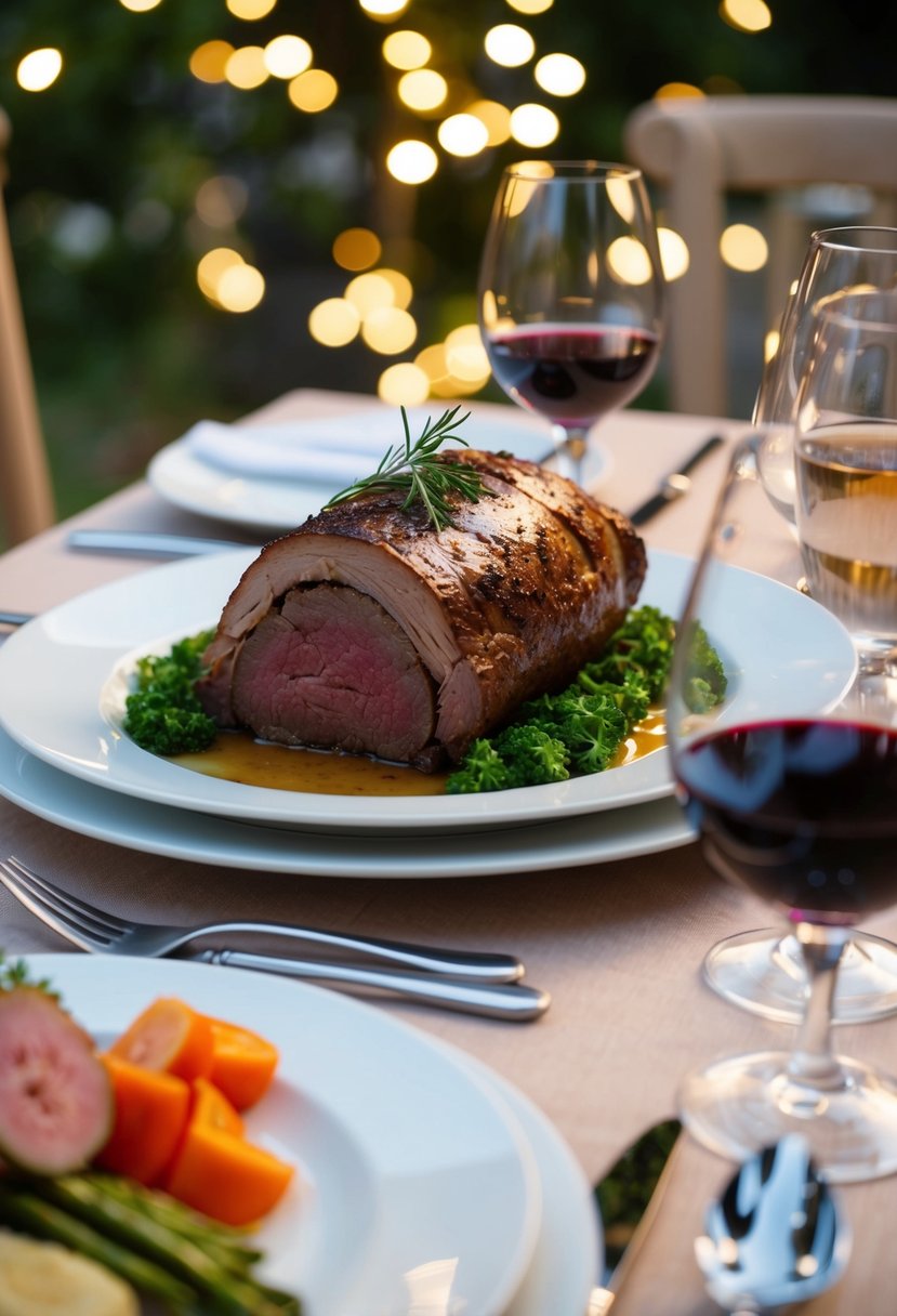 A table set with a romantic dinner for two, featuring a beautifully prepared Beef Wellington as the centerpiece