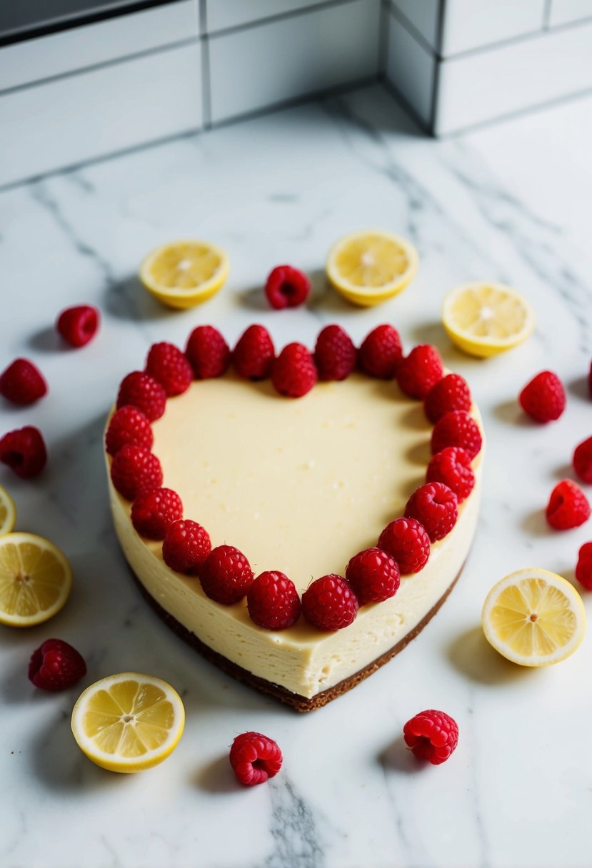 A heart-shaped lemon raspberry cheesecake surrounded by fresh raspberries and lemon slices on a white marble countertop