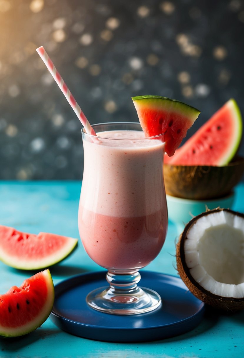 A refreshing watermelon coconut smoothie in a tall glass with a slice of watermelon and coconut on the side