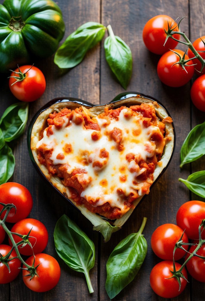 A heart-shaped eggplant parmesan surrounded by vibrant red tomatoes and fresh basil leaves on a rustic wooden table