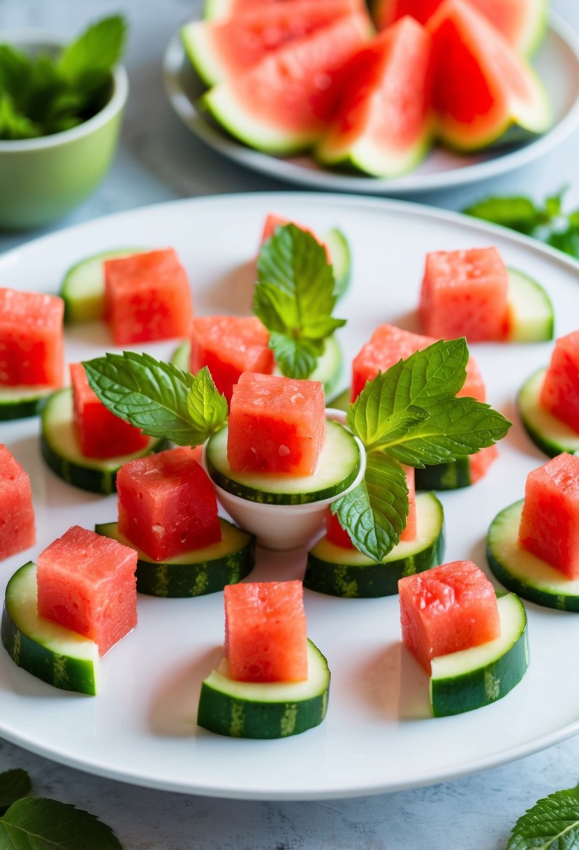 A refreshing watermelon cucumber appetizer displayed on a white serving platter with fresh mint leaves as garnish