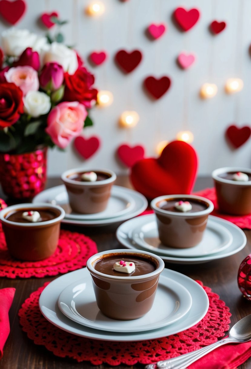 A table set with elegant chili chocolate pots de crème surrounded by romantic Valentine's Day decor