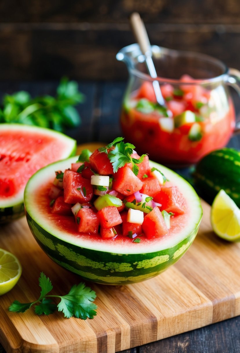 A vibrant watermelon salsa being prepared with fresh ingredients on a wooden cutting board