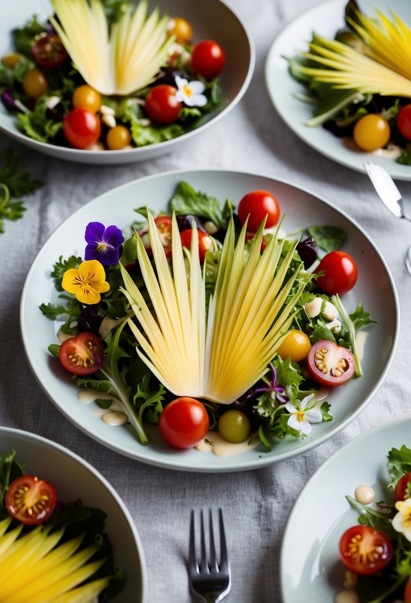 A table set with a vibrant salad of hearts of palm, cherry tomatoes, and mixed greens, garnished with edible flowers and drizzled with a light vinaigrette