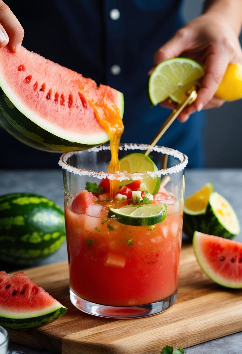 A watermelon being sliced, blended, and mixed with spicy margarita ingredients in a glass with a salted rim