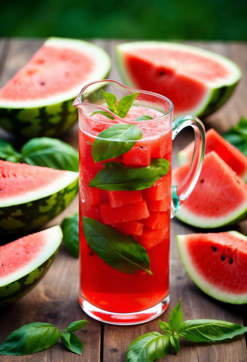 A pitcher of Watermelon Basil Cooler surrounded by fresh watermelon slices and basil leaves on a wooden table