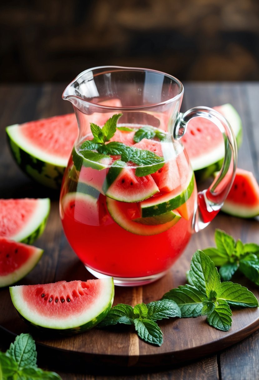 A glass pitcher filled with watermelon mint lemonade surrounded by fresh watermelon slices and mint leaves on a wooden table