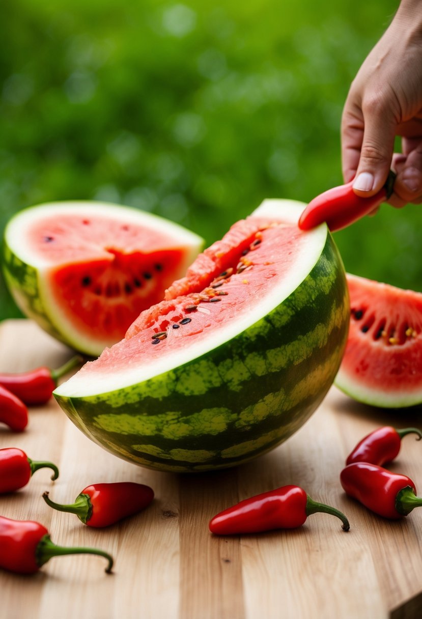 A watermelon being sliced open with habanero peppers scattered around it